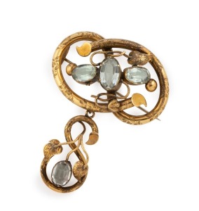 An antique Colonial 15ct yellow gold brooch, set with four large cut aquamarines, 19th century, 6.5cm high, 14.3 grams