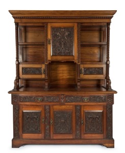 A fine and impressive antique Australian blackwood sideboard with ornate carved panels and unusual turned columns, Melbourne origin, 19th century. 238cm high, 183cm wide, 63cm deep.