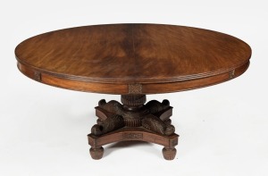 Anglo-Indian antique padouk tilt top centre table with impressively-carved pedestal base, circa 1835. 75cm high, 152cm diameter.