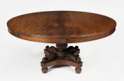 Anglo-Indian antique padouk&nbsp;tilt top centre table with impressively-carved pedestal&nbsp;base, circa 1835. 75cm high, 152cm diameter.