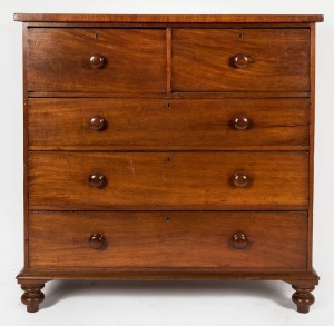 An antique Australian five-drawer cedar chest with cross banded edge and full cedar timbers, New South Wales origin, Circa 1855. 119cm high, 117cm wide, 55cm deep.