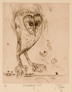 JOHN OLSEN (b.1928): Descending Owl 1977 etching A/P signed, titled, dated and edition below plate. 24 x 20cm