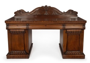 HILL & SONS of Sydney, fine antique Colonial twin pedestal sideboard with Thomas Hope scroll back, acanthus carved corbels, and lobed pilastered panelled doors, circa 1850s. Maker's label affixed to back, plus stamped initials to drawers. 125cm high, 183cm wide, 71cm deep.