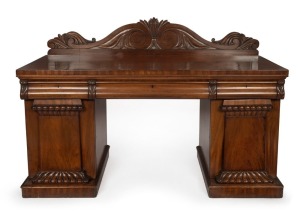 HILL & SONS of Sydney, fine antique Colonial twin pedestal sideboard with Thomas Hope scroll back, acanthus carved corbels, and lobed pilastered panelled doors, circa 1850s. Maker's label affixed to back, plus stamped initials to drawers. 125cm high, 183c