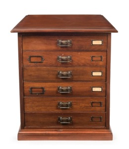 An Australian kauri pine specimen six drawer filing chest on moulded plinth base with triple bay adjustable divisions, original brassware and double panelled sides, early 20th century, stamped "E. Hill, Nth. Melbourne, 1911", 71cm high, 60.5cm wide, 50cm 