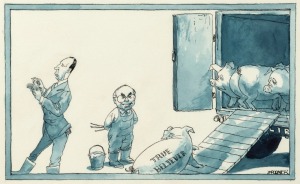 JOHN SPOONER "Pork Barrelling", original pen, ink and wash cartoon on card depicting John Howard, Paul Keating and a truck full of pigs, published in The Age, March, 1996, 14.5 x 23cm, 29.5 x 39.5cm overall