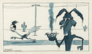 JOHN SPOONER "Road Runner" original pen, ink and wash cartoon depicting Paul Keating as The Road Runner about to lose the unlosable&nbsp;election, published in The Age, 1993, 16 x 27cm, 33 x 42cm overall