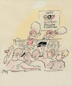 TERENCE "LARRY" PARKES (1927-2003) "Gay Olympics", original pen, ink and wash cartoon, signed "Larry" lower left, 15 x 13cm, 43 x 32.5cm overall