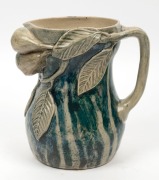 MERRIC BOYD impressive pottery jug adorned with applied pears, leaves, and branch handle, plus hand-painted finish. Incised "Merric Boyd, 1936" 23cm high, 21cm wide - 3