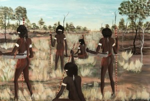 DICK (GOOBALATHELDIN) ROUGHSEY&nbsp;(1924-1985), (untitled, five women in landscape), oil on board, signed lower right "Goobalatheldin", and date '71 lower left, 1971 Cairns Post newspaper clipping verso, 40 x 60cm, 48 x 69cm overall