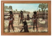 DICK (GOOBALATHELDIN) ROUGHSEY&nbsp;(1924-1985), (untitled, five women in landscape), oil on board, signed lower right "Goobalatheldin", and date '71 lower left, 1971 Cairns Post newspaper clipping verso, 40 x 60cm, 48 x 69cm overall - 2