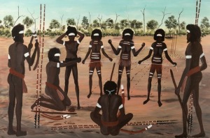 DICK (GOOBALATHELDIN) ROUGHSEY&nbsp;(1924-1985), (untitled, eight figures in landscape), oil on board, signed lower right "Goobalatheldin", and date '71 lower left, 45 x 69cm, 53&nbsp;x 76cm overall