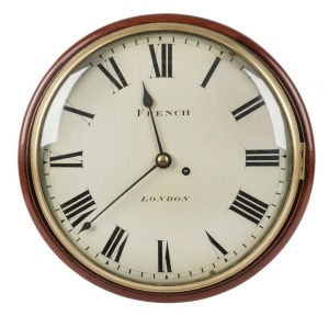 An antique 12" dial clock in mahogany case with one piece surround with lock and cast brass bezel, English fusee single train movement, with shouldered and footed plates, convex dial and glass with fine spade hands and Roman numerals, signed "FRENCH, LONDON", 19th century. Bearing two paper repair service labels verso from Melbourne.