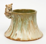 REMUED rare green glazed pottery vase with two applied koalas and branch handle, incised "Remued, 9LB", 12cm high, 15.5cm diameter - 2