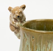 REMUED rare green glazed pottery vase with two applied koalas and branch handle, incised "Remued, 9LB", 12cm high, 15.5cm diameter - 5