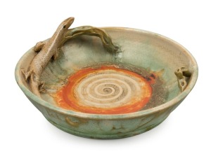 REMUED rare green and orange glazed pottery fruit bowl with applied lizard and branch handles, incised "Remued, 24/11Z", 9.5cm high, 28cm diameter