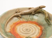 REMUED rare green and orange glazed pottery fruit bowl with applied lizard and branch handles, incised "Remued, 24/11Z", 9.5cm high, 28cm diameter - 2