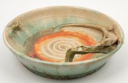 REMUED rare green and orange glazed pottery fruit bowl with applied lizard and branch handles, incised "Remued, 24/11Z", 9.5cm high, 28cm diameter - 3