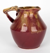 REMUED pottery vase with applied gumnuts, branch handle and leaf, glazed in rare deep pink and green colourway, incised "Remued", 16cm high - 3