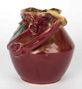 REMUED pottery vase with applied gumnuts, branch handle and leaf, glazed in rare deep pink and green colourway, incised "Remued", 16cm high - 4