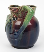 REMUED pottery jug with applied gumnuts, branch handle and leaf, glazed in pink, blue and green, incised "Remued", 15cm high - 3