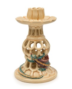 MARGUERITE MAHOOD pierced pottery candle stick with applied dragon decoration, incised "Marguerite Mahood", with later ebonised timber stand, 14.5cm high, 22cm high overall