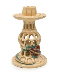 MARGUERITE MAHOOD pierced pottery candle stick with applied dragon decoration, incised "Marguerite Mahood", ​​​​​​​with later ebonised timber stand, 14.5cm high, 22cm high overall