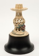 MARGUERITE MAHOOD pierced pottery candle stick with applied dragon decoration, incised "Marguerite Mahood", ​​​​​​​with later ebonised timber stand, 14.5cm high, 22cm high overall - 2