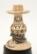 MARGUERITE MAHOOD pierced pottery candle stick with applied dragon decoration, incised "Marguerite Mahood", ​​​​​​​with later ebonised timber stand, 14.5cm high, 22cm high overall - 4