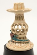 MARGUERITE MAHOOD pierced pottery candle stick with applied dragon decoration, incised "Marguerite Mahood", ​​​​​​​with later ebonised timber stand, 14.5cm high, 22cm high overall - 5