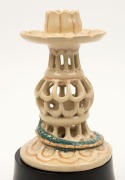 MARGUERITE MAHOOD pierced pottery candle stick with applied dragon decoration, incised "Marguerite Mahood", ​​​​​​​with later ebonised timber stand, 14.5cm high, 22cm high overall - 6