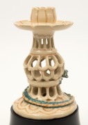 MARGUERITE MAHOOD pierced pottery candle stick with applied dragon decoration, incised "Marguerite Mahood", ​​​​​​​with later ebonised timber stand, 14.5cm high, 22cm high overall - 7