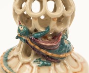 MARGUERITE MAHOOD pierced pottery candle stick with applied dragon decoration, incised "Marguerite Mahood", ​​​​​​​with later ebonised timber stand, 14.5cm high, 22cm high overall - 9