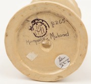 MARGUERITE MAHOOD pierced pottery candle stick with applied dragon decoration, incised "Marguerite Mahood", ​​​​​​​with later ebonised timber stand, 14.5cm high, 22cm high overall - 10