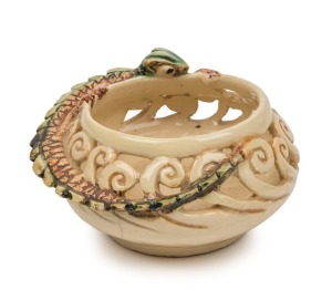 MARGUERITE MAHOOD pierced pottery bowl with applied dragon decoration, incised "Marguerite Mahood", 5.5cm high, 10.5cm wide