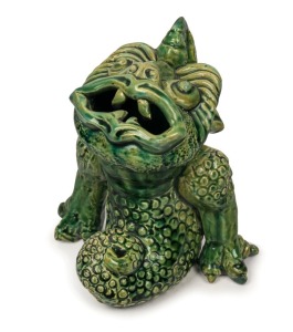 V.A.P. (VICTORIA ART POTTERY) rare green glazed pottery grotesque by WILLIAM FERRY, 19th/20th century, stamped "V.A.P. W.F.", 17cm high