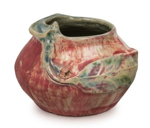 PHILIPPA JAMES pink glaze pottery vase with green interior and blue highlights, adorned with gum blossom, leaf and branch, incised "Philippa James" 8cm high, 11cm wide