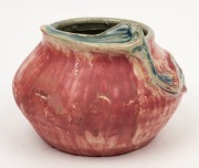 PHILIPPA JAMES pink glaze pottery vase with green interior and blue highlights, adorned with gum blossom, leaf and branch, incised "Philippa James" 8cm high, 11cm wide - 2