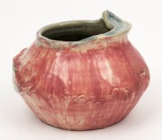 PHILIPPA JAMES pink glaze pottery vase with green interior and blue highlights, adorned with gum blossom, leaf and branch, incised "Philippa James" 8cm high, 11cm wide - 3