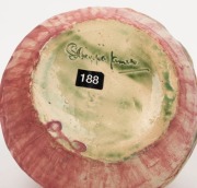 PHILIPPA JAMES pink glaze pottery vase with green interior and blue highlights, adorned with gum blossom, leaf and branch, incised "Philippa James" 8cm high, 11cm wide - 5