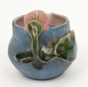 PHILIPPA JAMES pottery jug with gum blossom handle and applied leaf decoration, glazed in pink, blue and green, incised "Philippa James" 7.5cm high, 9cm wide - 3
