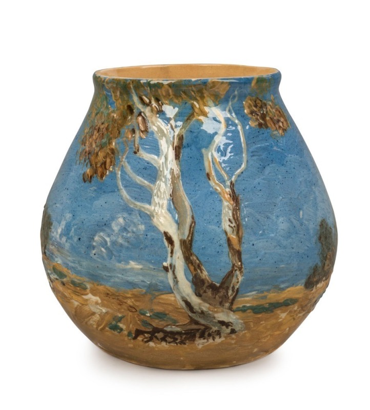 ERNEST FINLAY impressive pottery vase, adorned with Australian landscape scene, incised "Ernest Finlay, 1915", illustrated in "Australian Art Pottery 1900-1950" by Fahy, Simpson and Cooke, [Sydney Casuarina Press, 2004], 19cm high, 20cm wide