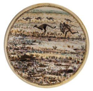 ARTHUR MERRIC BOYD and NEIL DOUGLAS pottery bowl with hand-painted Aboriginal hunting scene with kangaroos, signed "Bundoorie, Hunting Kangaroos, Wilga Sands, Australia, Neil Douglas", incised "A. M. Boyd", 20cm diameter