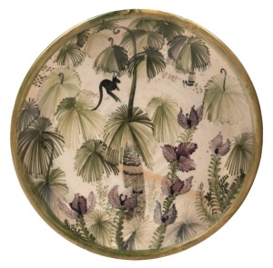 ARTHUR MERRIC BOYD and NEIL DOUGLAS pottery bowl with hand-painted grasstree and kangaroo landscape adorned with floral decoration,  incised "Neil Douglas, A.M.B, Australia", 18cm diameter