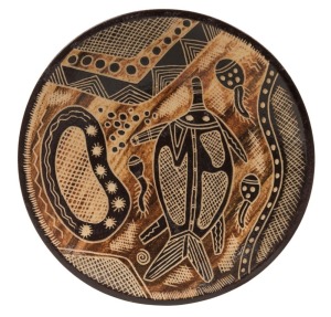 CARL COOPER pottery dish with Aboriginal turtle and sea creature motif, incised "Carl Cooper, Australia, 1950", 16cm diameter