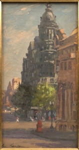 LEON HANSON (1918-2011), Federal House, Collins Street (Melbourne), oil on board, signed lower left "Leon Hanson", titled verso, 21 x 11cm, 41 x 30cm overall