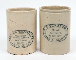 COCKATOO PRESERVES Ltd. "Jam & Sauce" pottery jars, (2 items), 13.5cm and 13cm high
