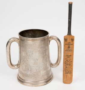 An antique silver plated cricket trophy engraved "THE GAME", 19th century; together with a miniature cricket bat with facsimile signatures, (2 items), the trophy 18cm high