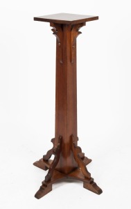 An Australian solid blackwood Arts & Crafts pedestal with square top, tapering trunk and eight shaped brackets, 20th century, ​​​​​​​116cm high, 29cm wide, 62cm deep