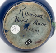 REMUED pottery vase with applied gumnuts, branch and leaf decoration, glazed in pink, blue and green, incised "Remued, Hand Made, 193LM", 14cm high - 3